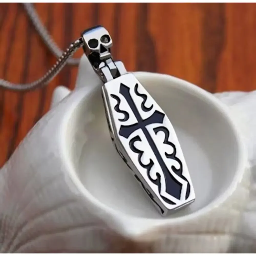 Gothic Cross Necklace with Skeleton Inside Titanium Steel Coffin Pendant Skull